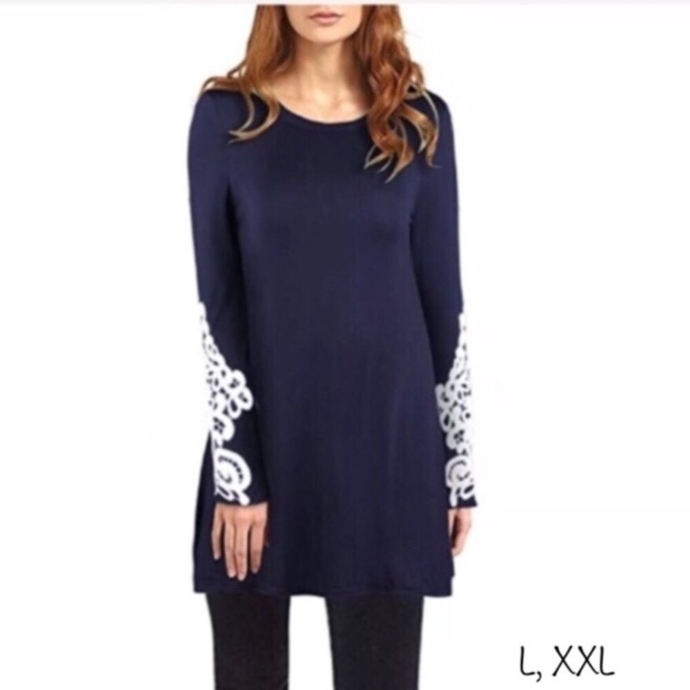 Blue Long Sleeve Tunic with Crochet Lace Accent